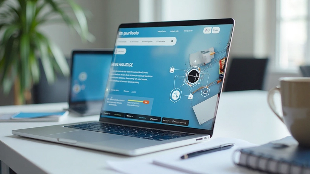 Laptop scherm toont webdesign portfolio met moderne interface en blauwe kleurenschema