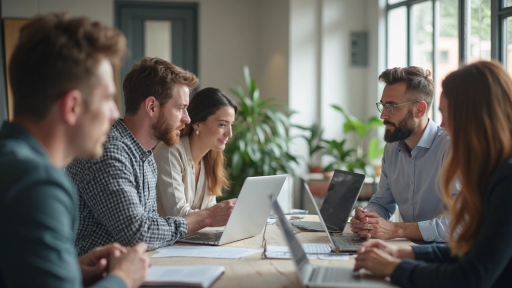 Diverse groep ondernemers in modern kantoor omgeving, brainstorm sessie met laptops en notities
