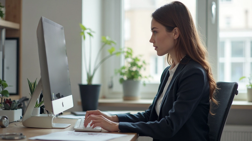 Designer werkt aan homepageontwerp op desktop computer in modern kantoor met natuurlijk licht